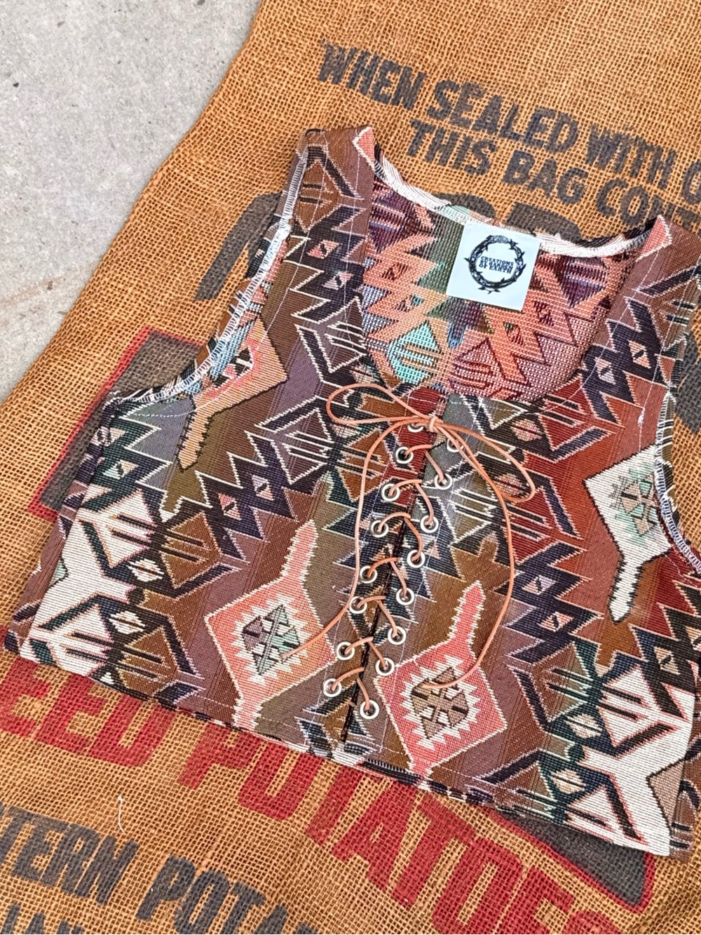Handmade western native print  Lace-Up Aztec Crop Top - Rust Multi